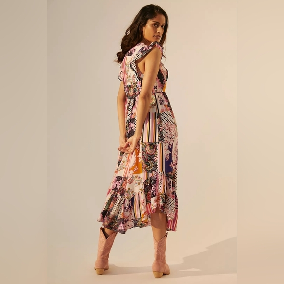 Anthropologie Ruffled Patchwork Midi Dress, Size 10 Petite. - Picture 2 of 10